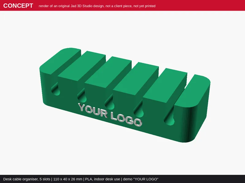 Concept render of the Desk cable organiser, a design idea by Jad 3D Studio