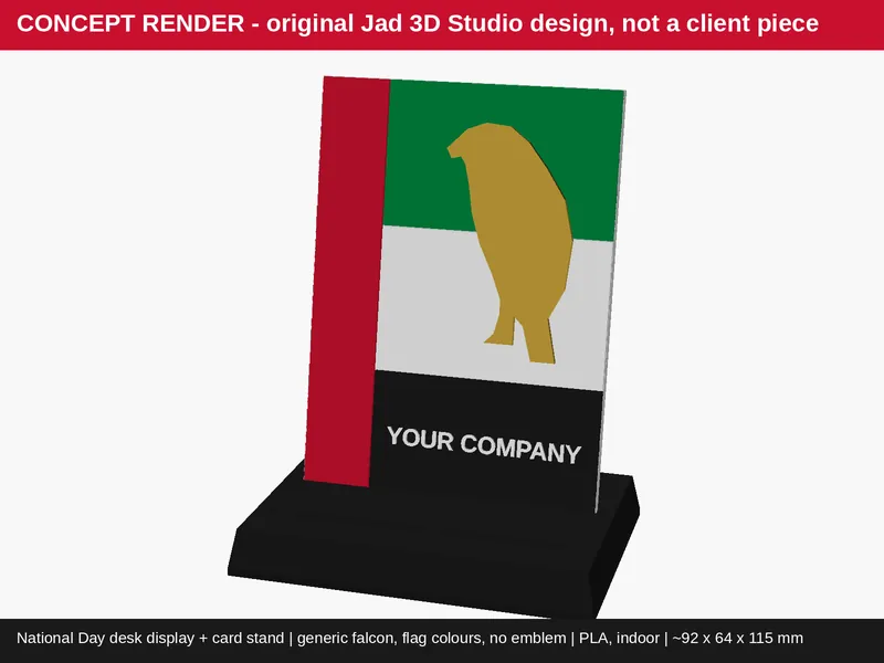 Concept render of the National Day falcon desk stand, a design idea by Jad 3D Studio